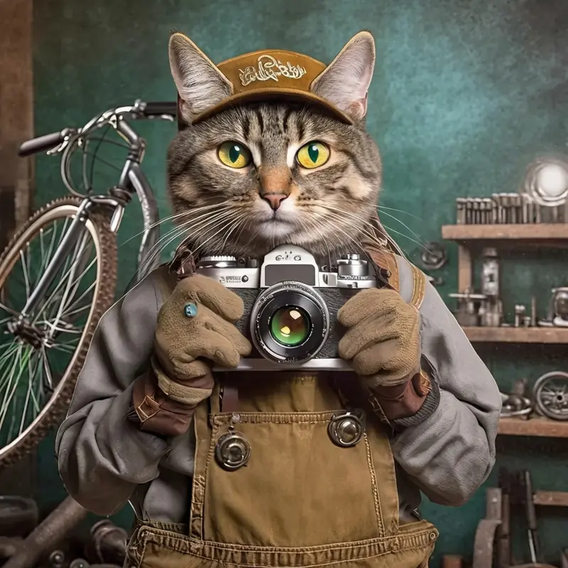 Illustration : le chat mécanicien photographie l'atelier
