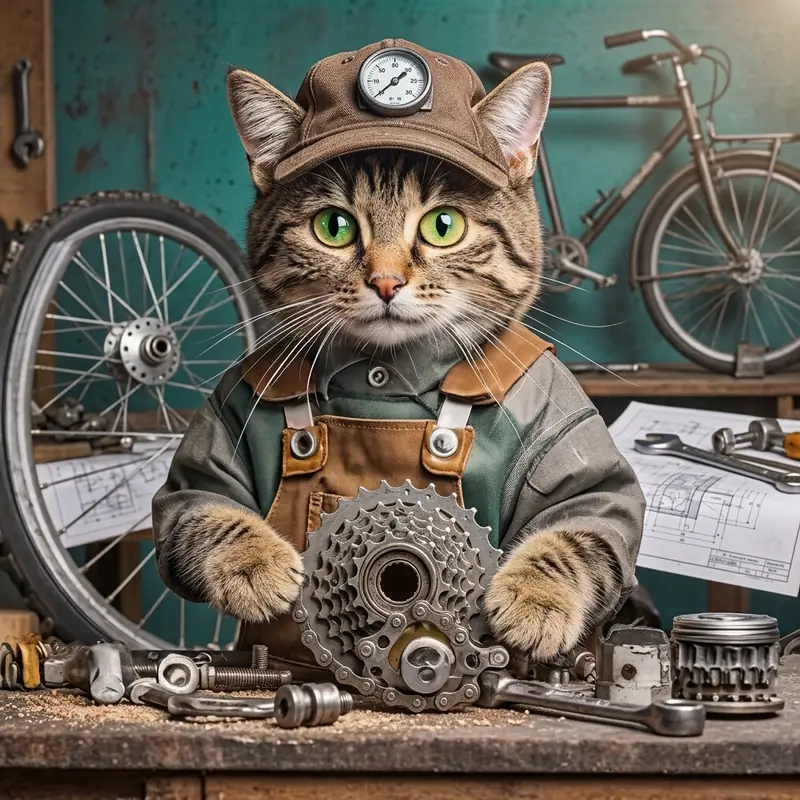 Illustration : le chat mécanicien de GMAtelierVélos à l'établi